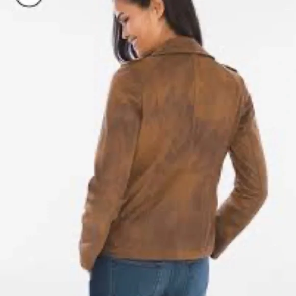 Chico's Brown Leather Jacket Asymmetrical Zip Notched Lapel - Picture 2 of 12